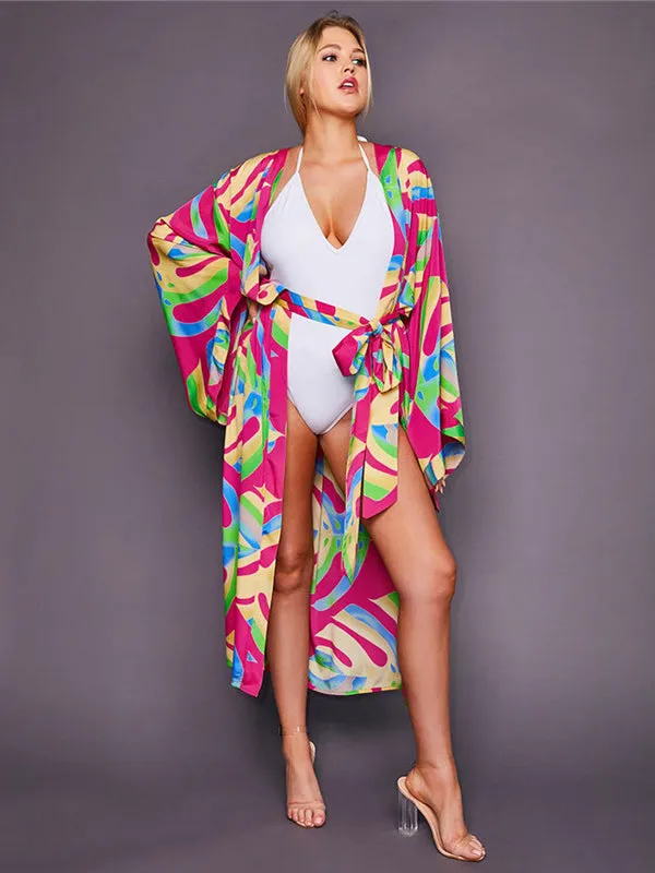 Wenkouban-Black Friday Christmas Thanksgiving Bohemia Printed Belted Long Sleeves Cover-Up