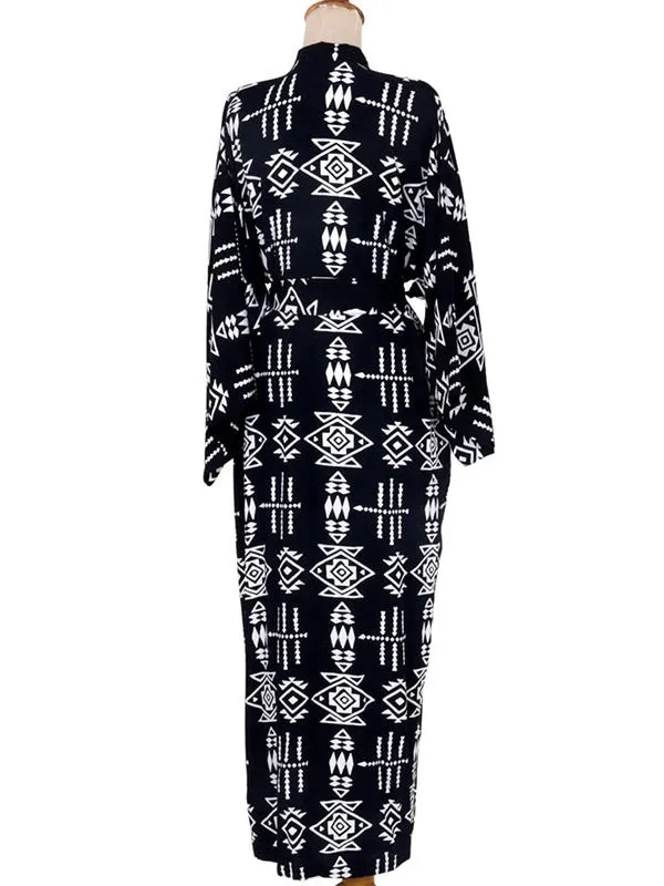 Wenkouban-Black Friday Christmas Thanksgiving Bohemia Printed Belted Long Sleeves Cover-Up