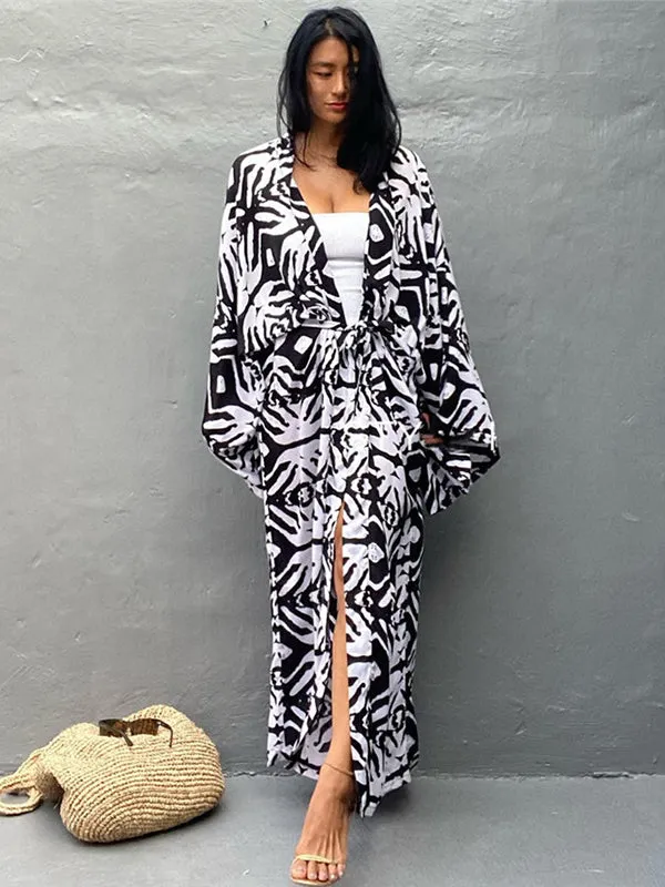 Wenkouban-Black Friday Christmas Thanksgiving Bohemia Printed Belted Long Sleeves Cover-Up