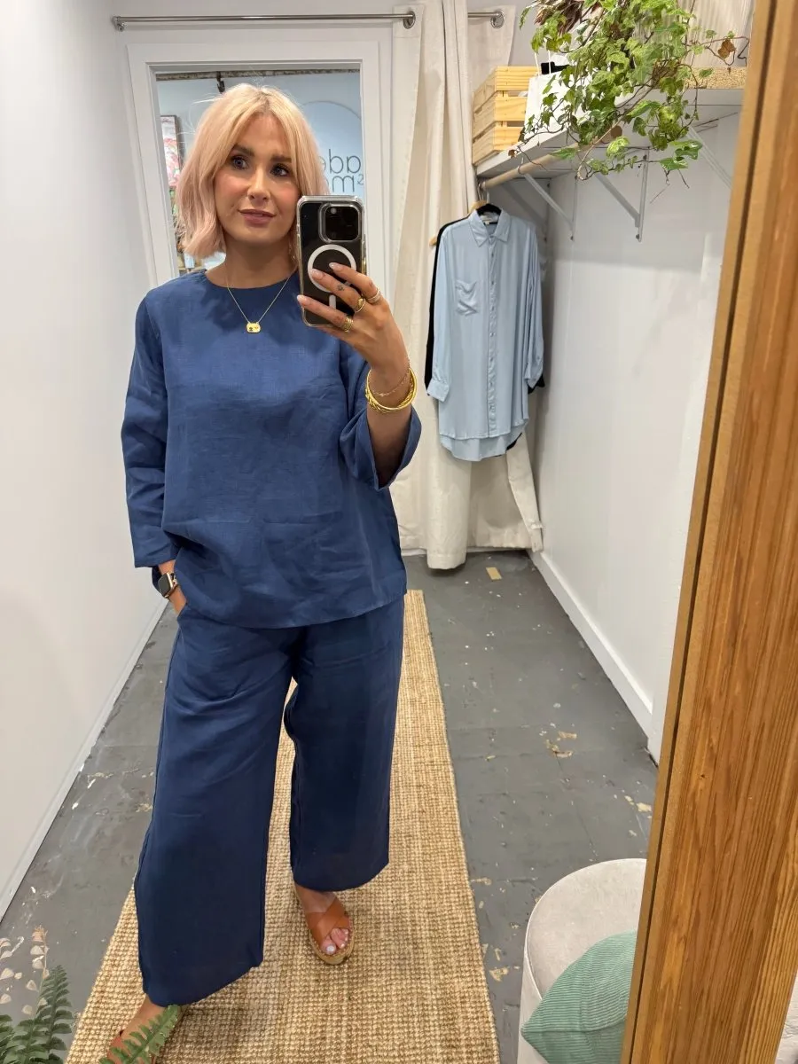 Wide Leg Linen Pant in Navy