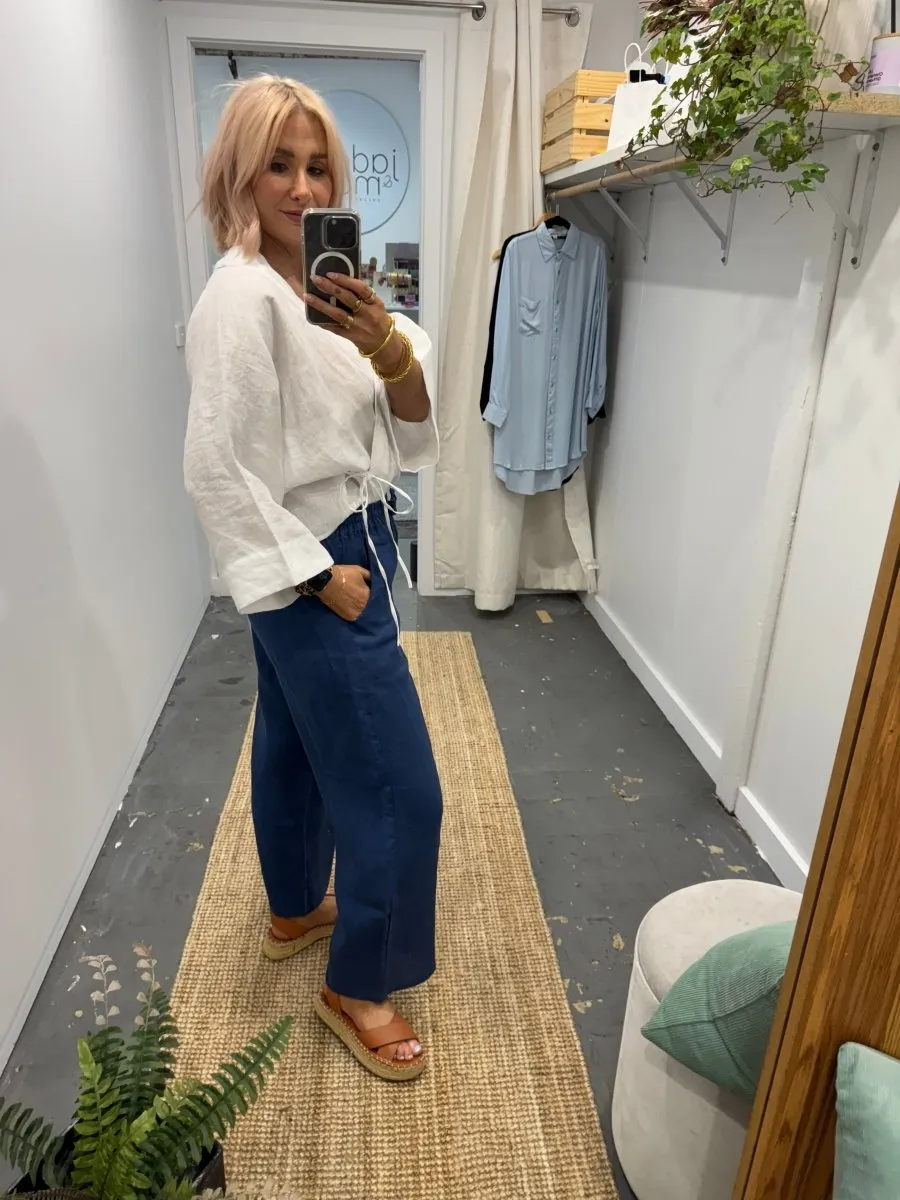 Wide Leg Linen Pant in Navy