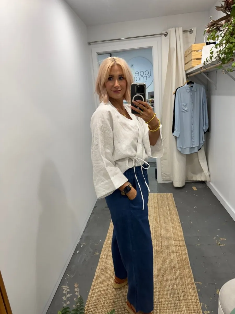 Wide Leg Linen Pant in Navy