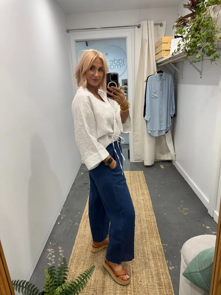 Wide Leg Linen Pant in Navy