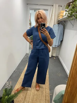 Wide Leg Linen Pant in Navy