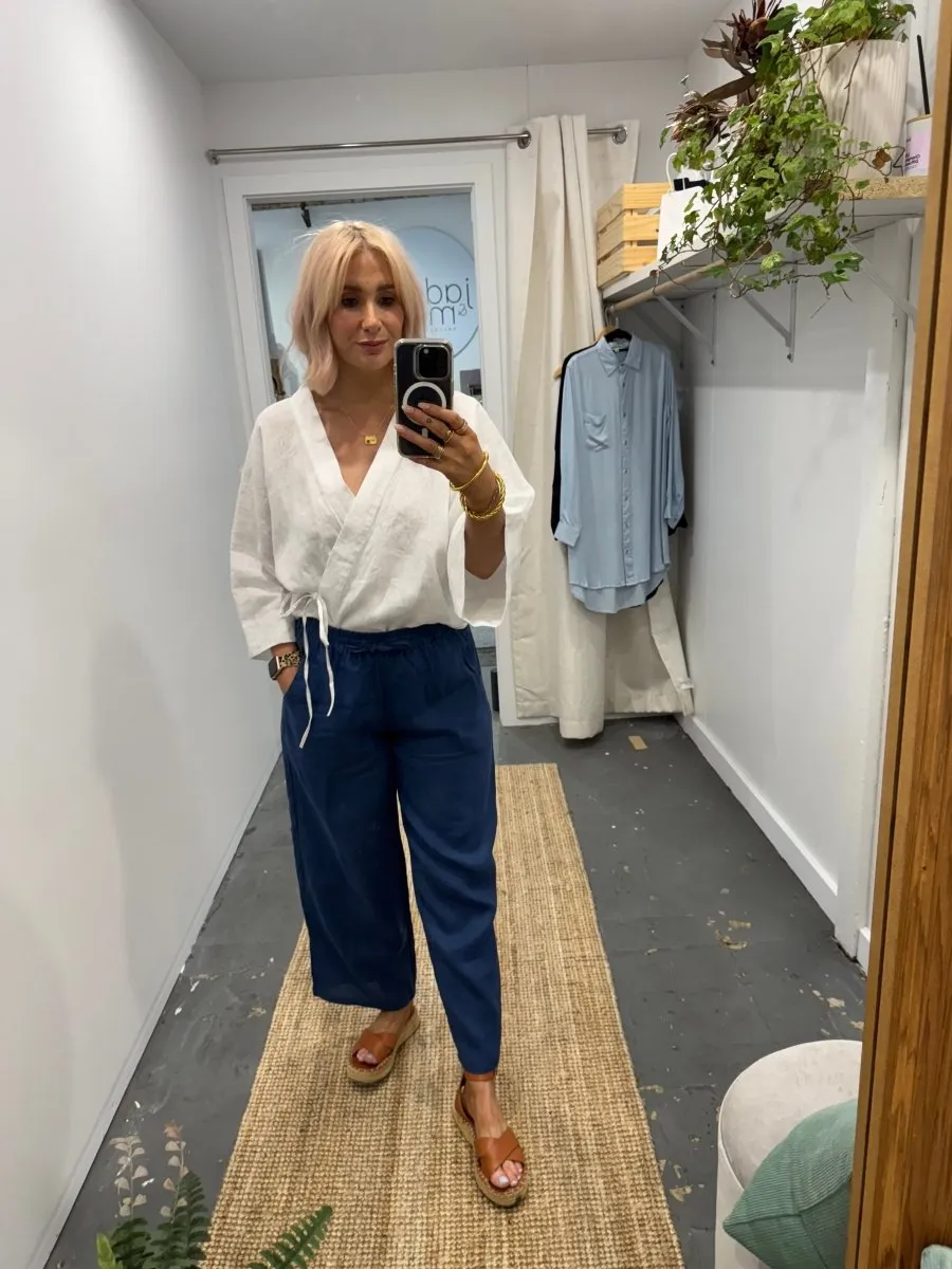 Wide Leg Linen Pant in Navy