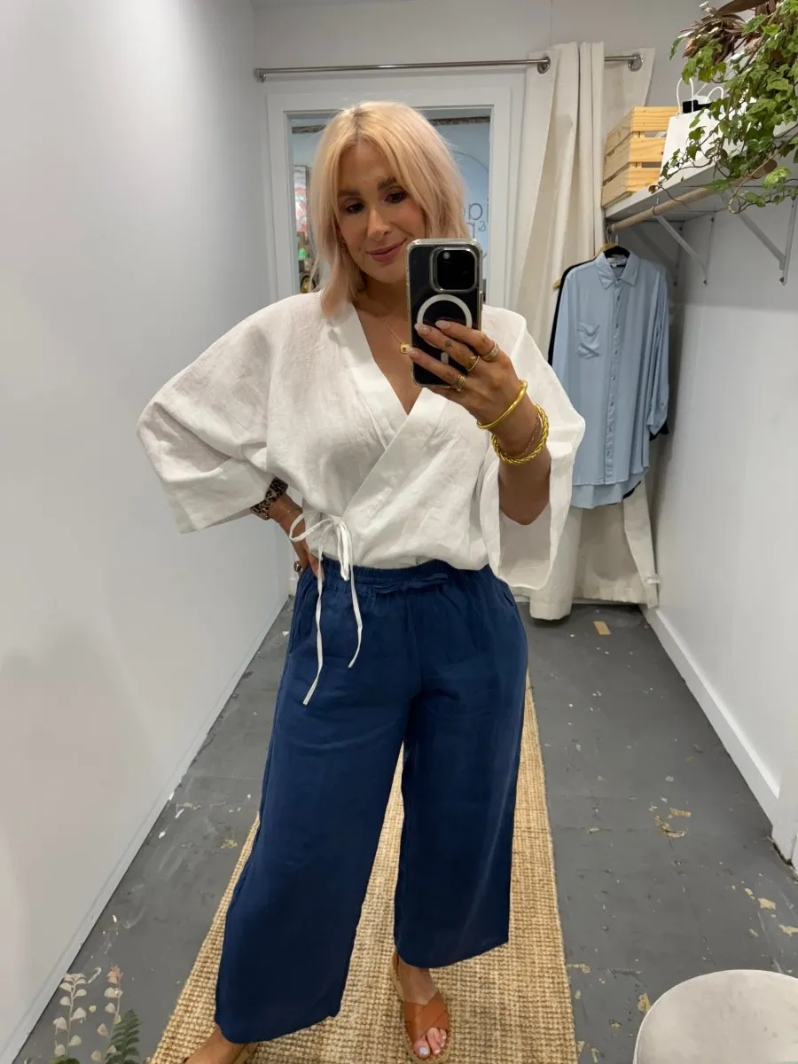 Wide Leg Linen Pant in Navy