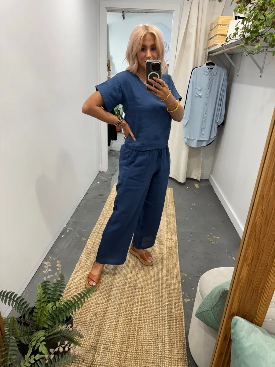 Wide Leg Linen Pant in Navy