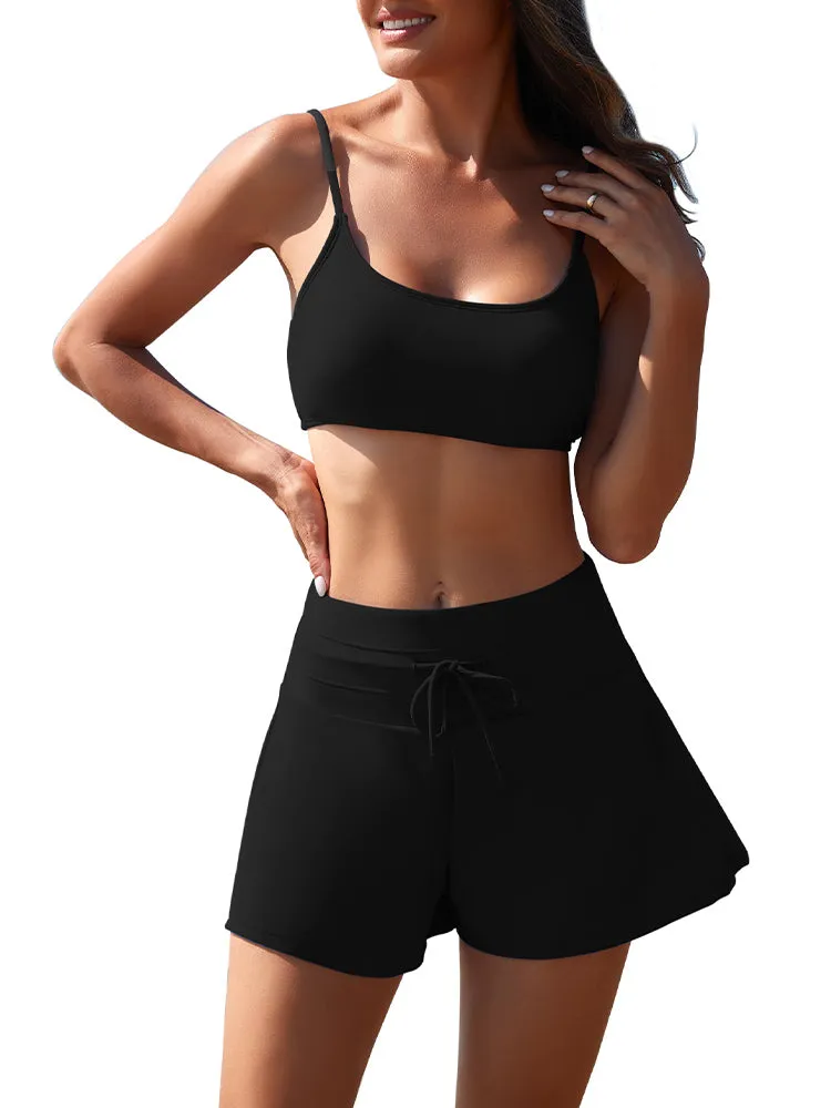 Women 2 Piece Bathing Suits Adjustable Strap Top with Drawstring High Waisted Bikini Shorts