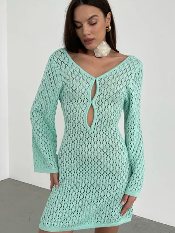 Women's Open Knit Bell Sleeves Dress Cover-Up for Beach Days