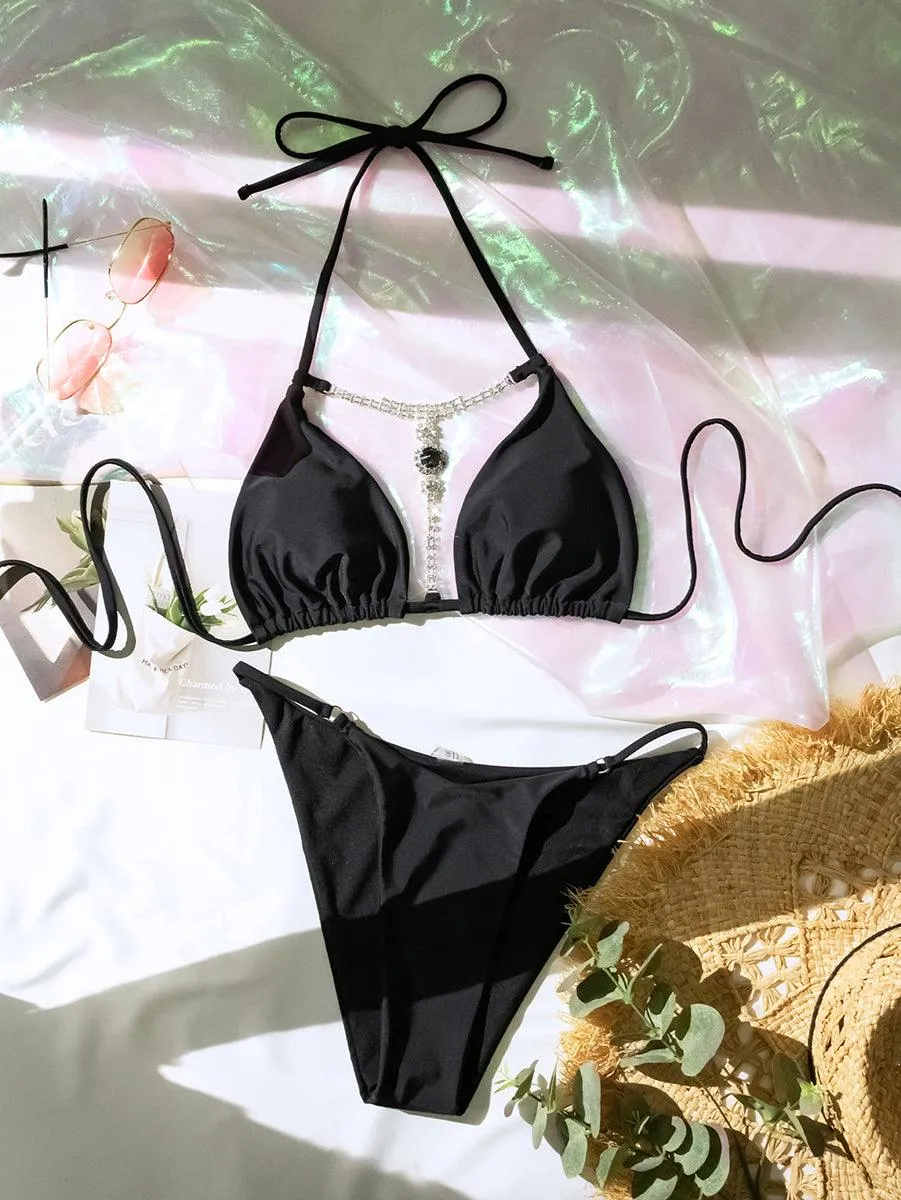 Women's Sexy String Bikini Set - Gorgeous Crystal Diamond Beachwear