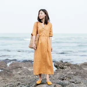 Yellow Linen Women Dresses Short Sleeves V Neck Buttons Dresses XH9644