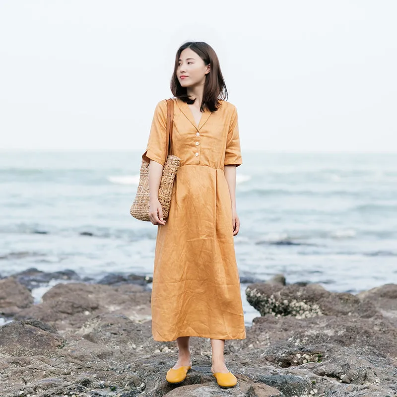 Yellow Linen Women Dresses Short Sleeves V Neck Buttons Dresses XH9644