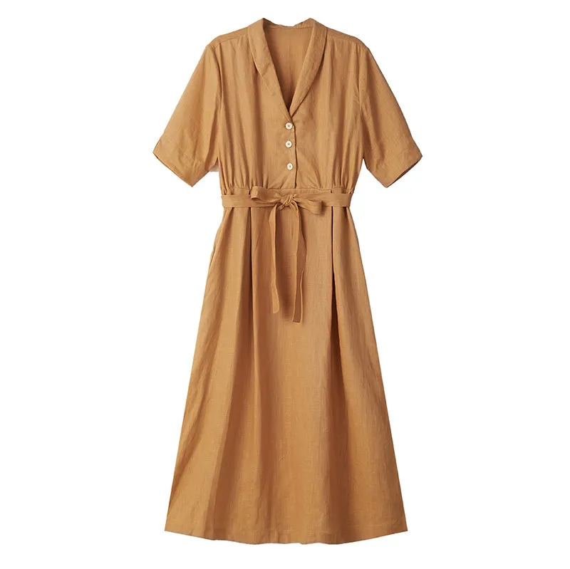 Yellow Linen Women Dresses Short Sleeves V Neck Buttons Dresses XH9644