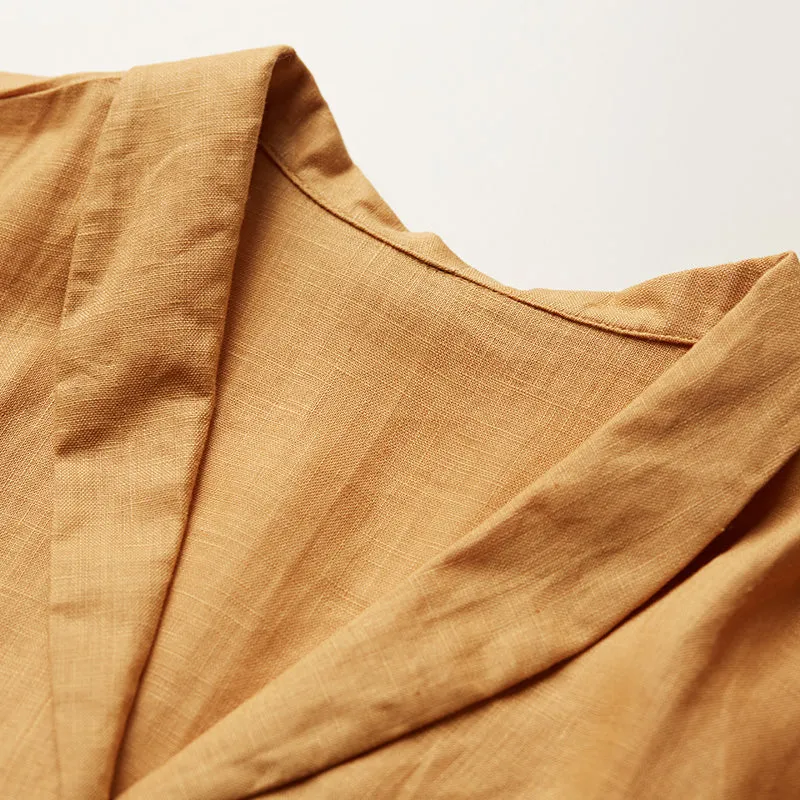 Yellow Linen Women Dresses Short Sleeves V Neck Buttons Dresses XH9644