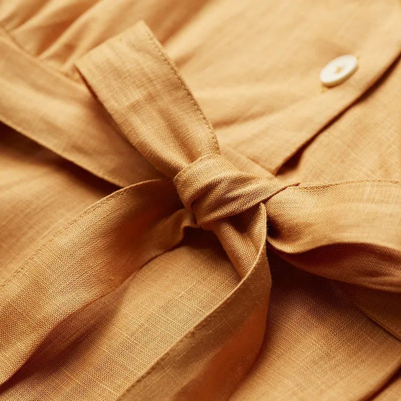 Yellow Linen Women Dresses Short Sleeves V Neck Buttons Dresses XH9644