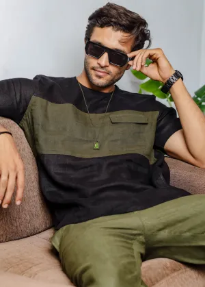 Zach - Double Color Block Pure Linen Short Sleeve T-Shirt - Black and Moss Green